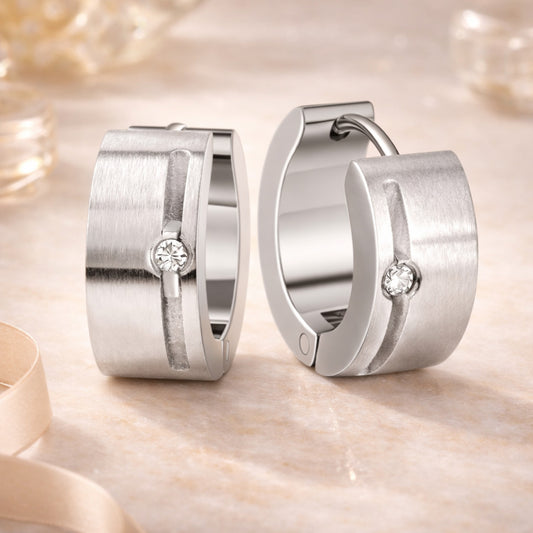 Damen Creolen Edelstahl grau mattiert mit Zirkonia weiß 13mm - Ohrringe mit 8/8 Schliff
