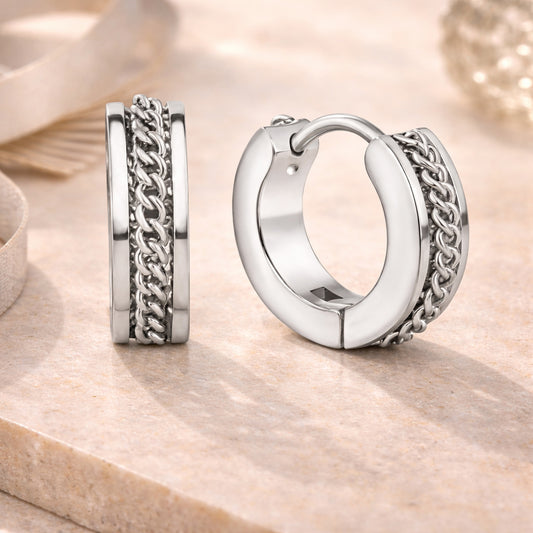 Creolen Damen 14mm rund Edelstahl mit Kettendetail - goldfarben oder silberfarben