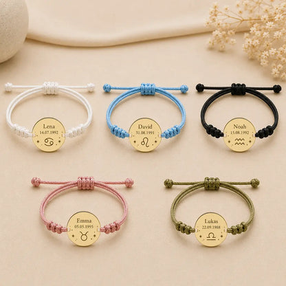 Sternzeichen Armband Textilband gewachst mit Edelstahl Gravurplatte - Alle 12 Tierkreiszeichen