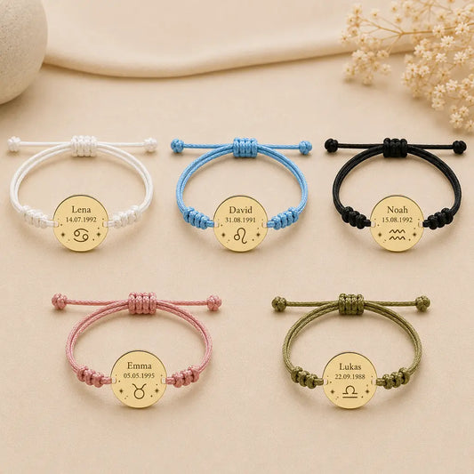 Sternzeichen Armband Textilband gewachst mit Edelstahl Gravurplatte - Alle 12 Tierkreiszeichen