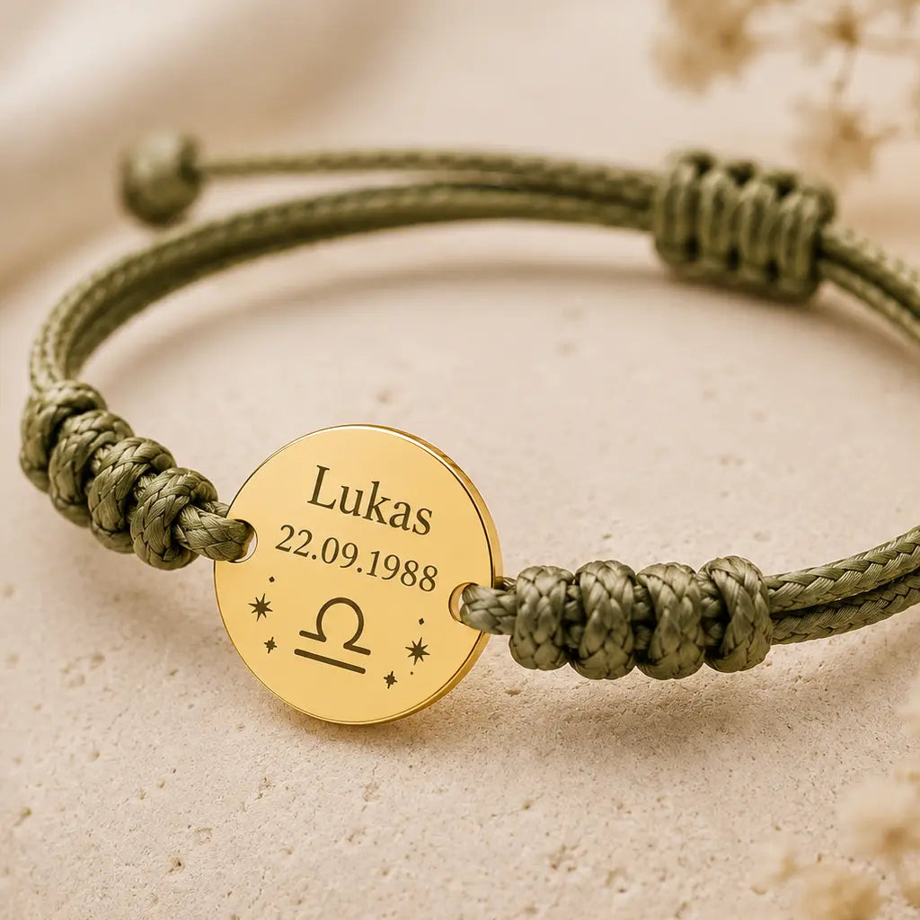 Sternzeichen Armband Textilband gewachst mit Edelstahl Gravurplatte - Alle 12 Tierkreiszeichen