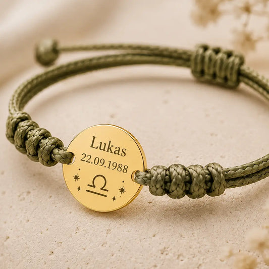 Sternzeichen Armband Textilband gewachst mit Edelstahl Gravurplatte - Alle 12 Tierkreiszeichen