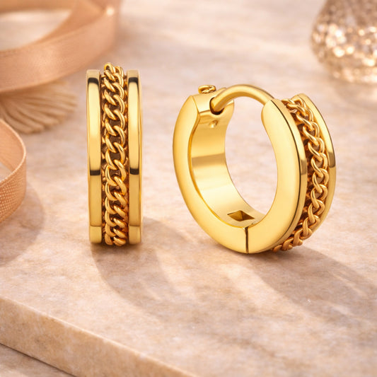 Creolen Damen 14mm rund Edelstahl mit Kettendetail - goldfarben oder silberfarben