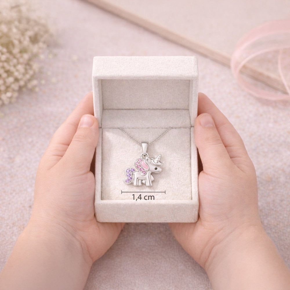 Einhorn-Kette aus 925 Sterling Silber mit bunten Zirkonia in Schmuckbox mit Größenangabe 1,4 cm breit