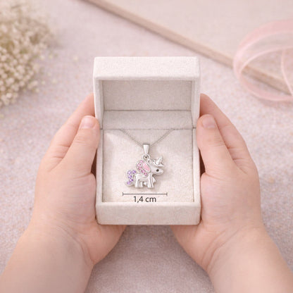 Einhorn-Kette aus 925 Sterling Silber mit bunten Zirkonia in Schmuckbox mit Größenangabe 1,4 cm breit
