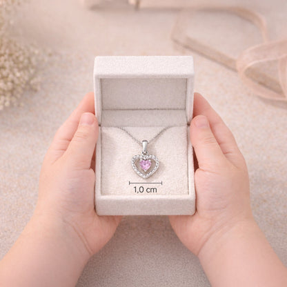 Herz-Kette aus 925 Sterling Silber mit rosa Zirkonia in Geschenkbox mit Größenangabe 1,0 cm breit