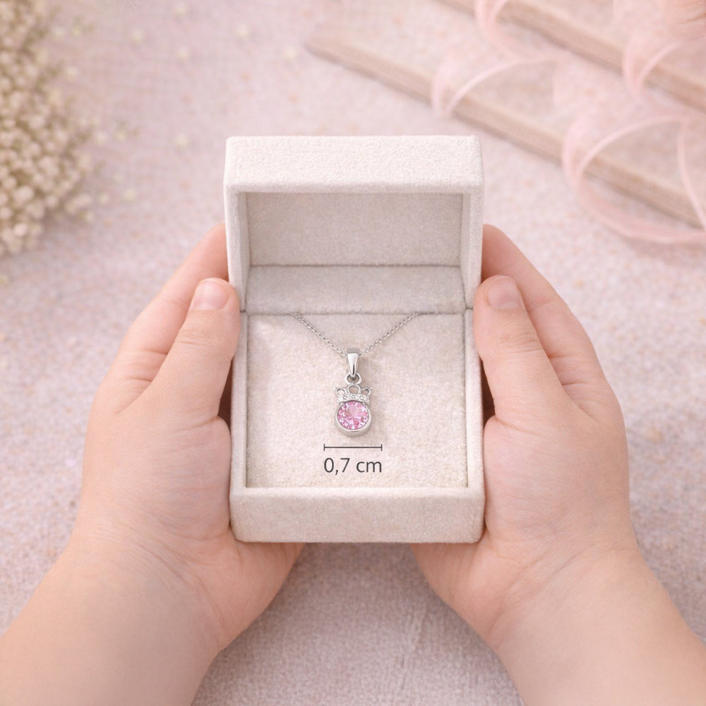 Kronen-Kette aus 925 Sterling Silber mit rosa Zirkonia in Schmuckbox mit Größenangabe 0,7 cm breit