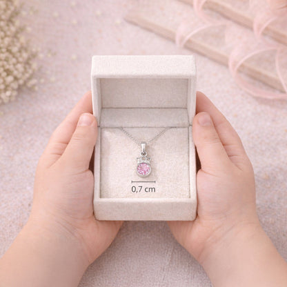 Kronen-Kette aus 925 Sterling Silber mit rosa Zirkonia in Schmuckbox mit Größenangabe 0,7 cm breit
