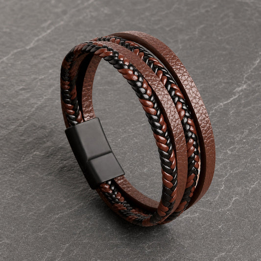 Four Strand - 4-strängiges Lederarmband für Herren gravierbar | Edelstahl Magnetverschluss
