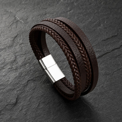 Four Strand Silver - 4-strängiges-Lederarmband für Herren gravierbar | Edelstahl Magnetverschluss
