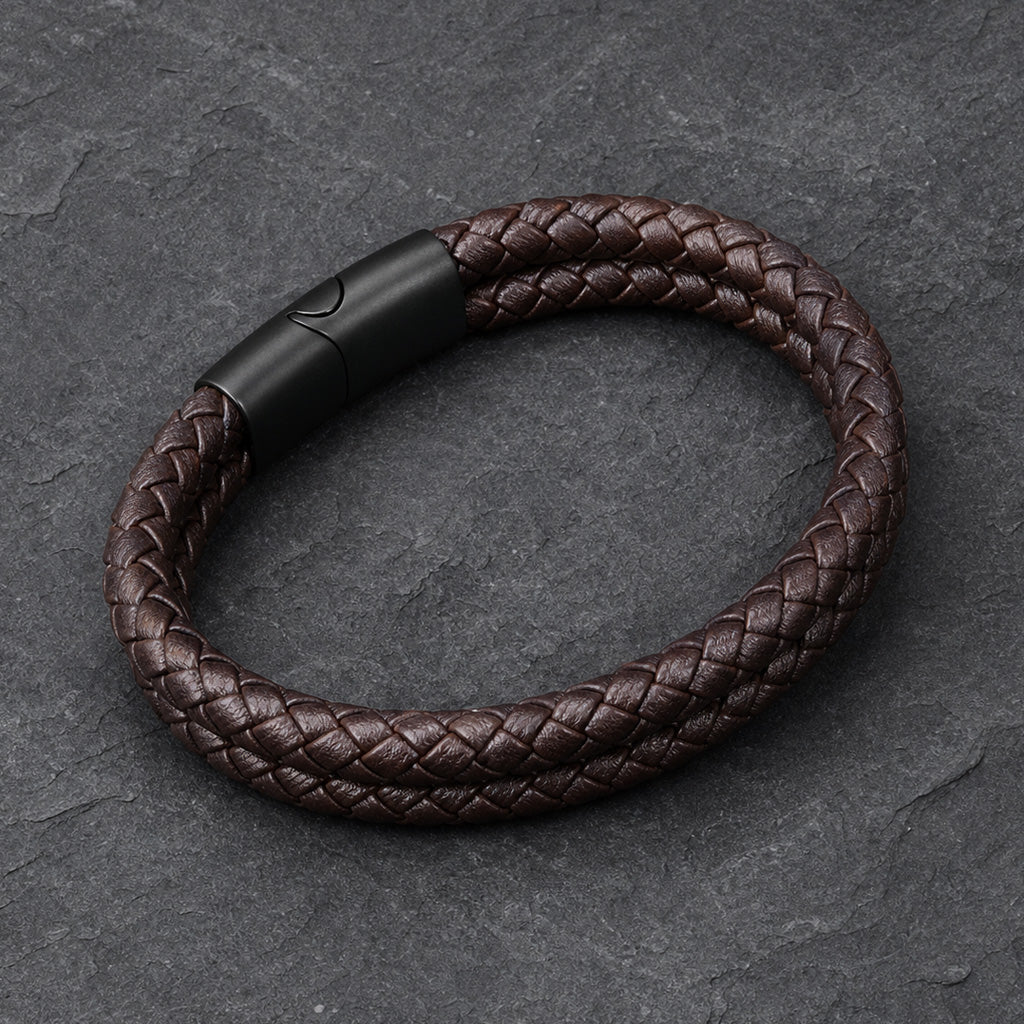Rustic Lock - Braun geflochtenes Lederarmband für Herren gravierbar | Edelstahl Magnetverschluss