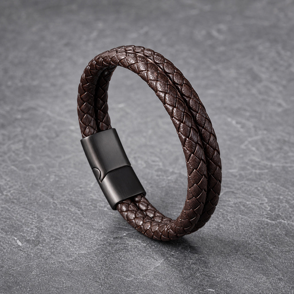 Rustic Lock - Braun geflochtenes Lederarmband für Herren gravierbar | Edelstahl Magnetverschluss