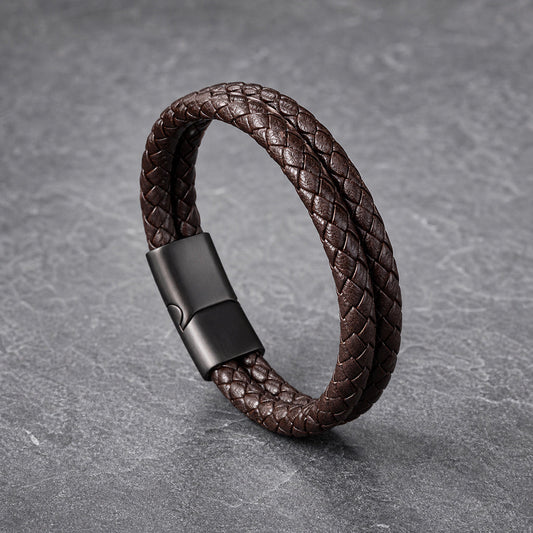 Rustic Lock - Braun geflochtenes Lederarmband für Herren gravierbar | Edelstahl Magnetverschluss