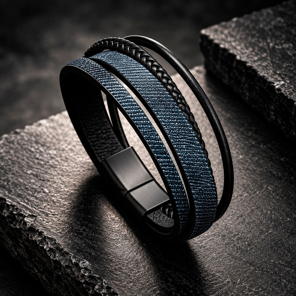 Multilayer Leather - Herrenarmband mit breiten Lederstreifen | Edelstahl Magnetverschluss
