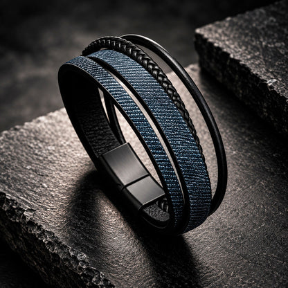 Multilayer Leather - Herrenarmband mit breiten Lederstreifen | Edelstahl Magnetverschluss