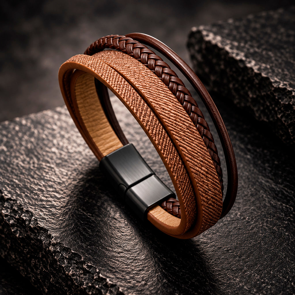 Multilayer Leather - Herrenarmband mit breiten Lederstreifen | Edelstahl Magnetverschluss