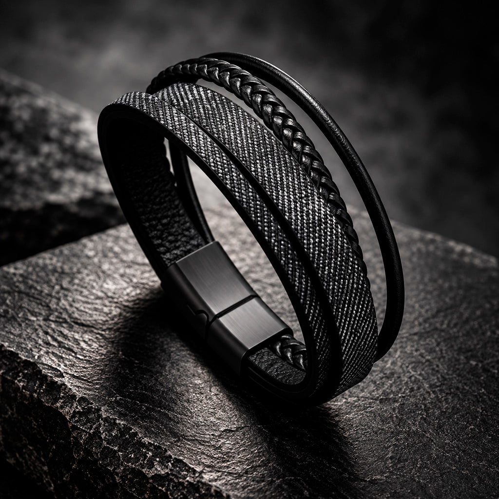 Multilayer Leather - Herrenarmband mit breiten Lederstreifen | Edelstahl Magnetverschluss