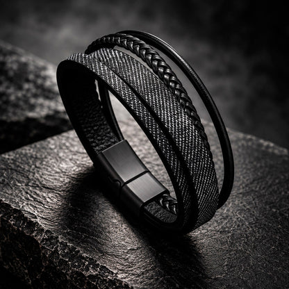 Multilayer Leather - Herrenarmband mit breiten Lederstreifen | Edelstahl Magnetverschluss