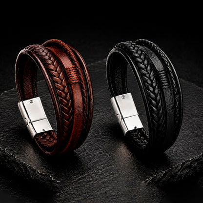 Five Braid Rope Silver – 5-strängig geflochtenes Lederarmband für Herren braun/schwarz | Edelstahl Magnetverschluss