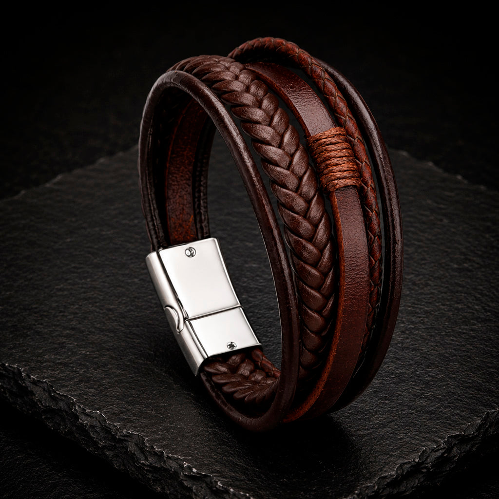 Five Braid Rope Silver – 5-strängig geflochtenes Lederarmband für Herren braun/schwarz | Edelstahl Magnetverschluss