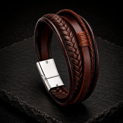 Five Braid Rope Silver – 5-strängig geflochtenes Lederarmband für Herren braun/schwarz | Edelstahl Magnetverschluss