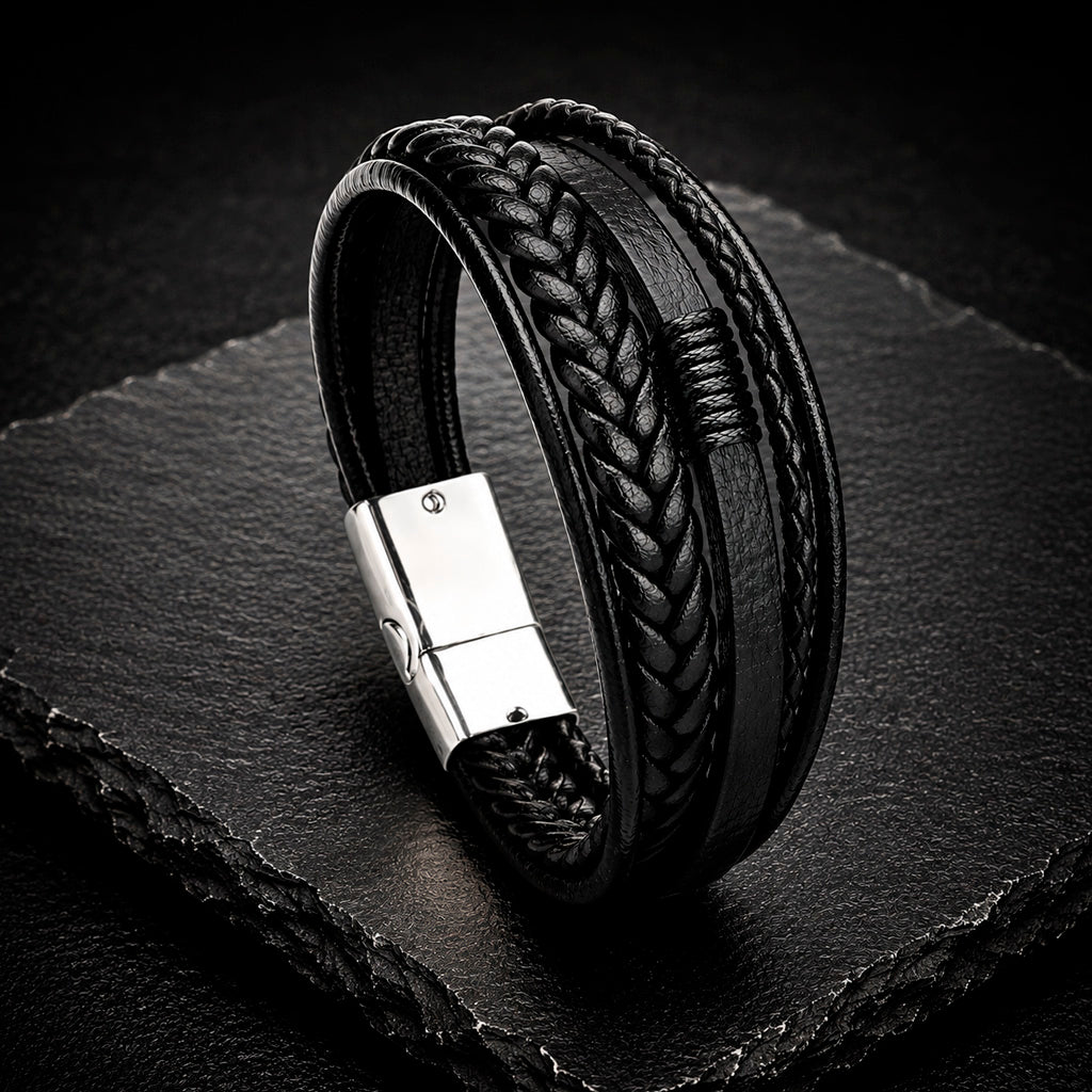 Five Braid Rope Silver – 5-strängig geflochtenes Lederarmband für Herren braun/schwarz | Edelstahl Magnetverschluss