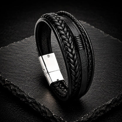 Five Braid Rope Silver – 5-strängig geflochtenes Lederarmband für Herren braun/schwarz | Edelstahl Magnetverschluss