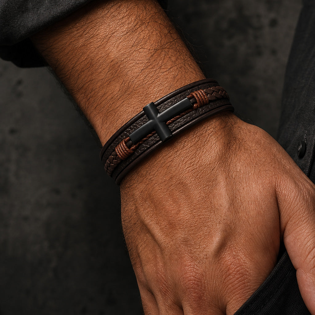 Cross Edge - Lederarmband für Herren gravierbar mit Edelstahl-Kreuz in 3 Farben | Edelstahl Magnetverschluss