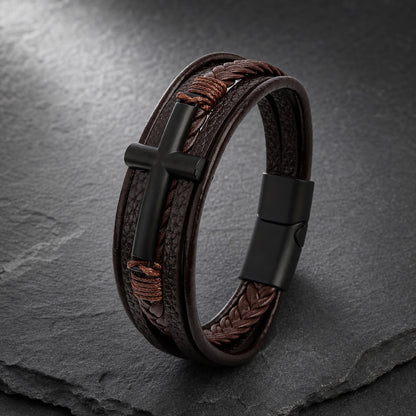Cross Edge - Lederarmband für Herren gravierbar mit Edelstahl-Kreuz in 3 Farben | Edelstahl Magnetverschluss