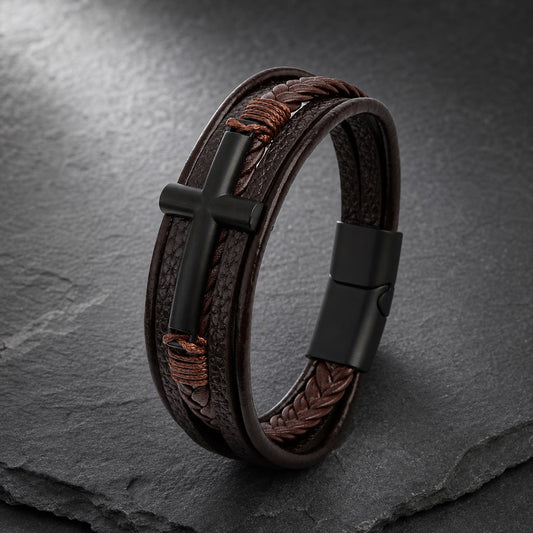 Cross Edge - Lederarmband für Herren gravierbar mit Edelstahl-Kreuz in 3 Farben | Edelstahl Magnetverschluss