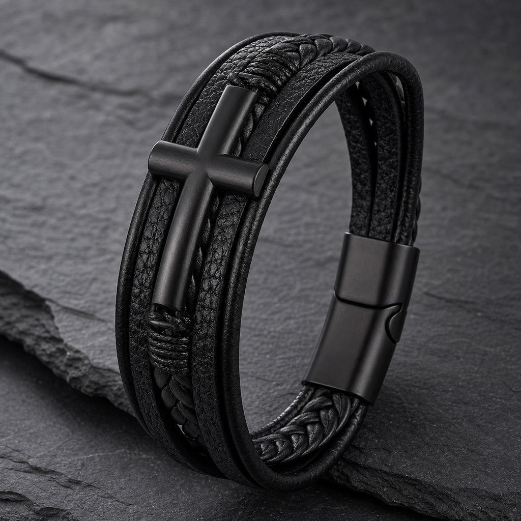 Cross Edge - Lederarmband für Herren gravierbar mit Edelstahl-Kreuz in 3 Farben | Edelstahl Magnetverschluss