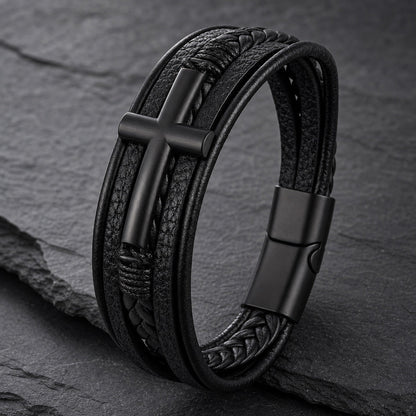Cross Edge - Lederarmband für Herren gravierbar mit Edelstahl-Kreuz in 3 Farben | Edelstahl Magnetverschluss