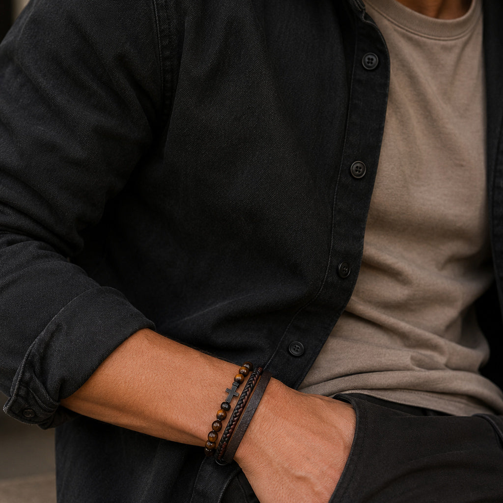 Cross Stone - Lederarmband für Herren mit Natursteinperlen und Edelstahl-Kreuz gravierbar | Edelstahl Magnetverschluss