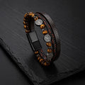 Tree of Life - Lederarmband für Herren gravierbar mit Lebensbaum und Naturstein-Perlen | Edelstahl Magnetverschluss
