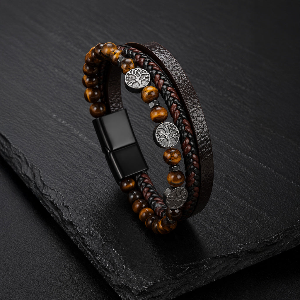 Tree of Life - Lederarmband für Herren gravierbar mit Lebensbaum und Naturstein-Perlen | Edelstahl Magnetverschluss