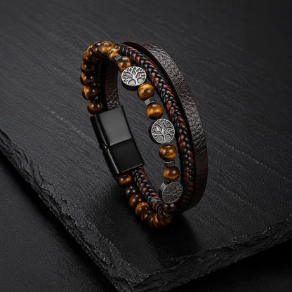 Tree of Life - Lederarmband für Herren gravierbar mit Lebensbaum und Naturstein-Perlen | Edelstahl Magnetverschluss