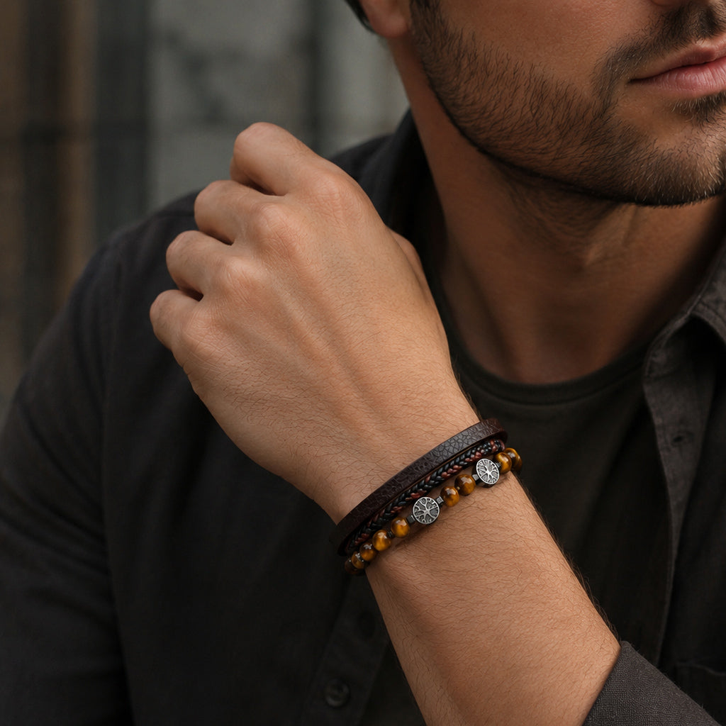 Tree of Life - Lederarmband für Herren gravierbar mit Lebensbaum und Naturstein-Perlen | Edelstahl Magnetverschluss