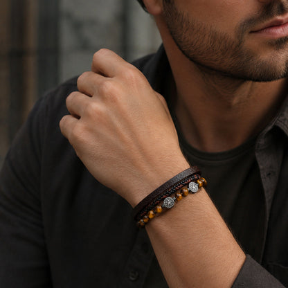 Tree of Life - Lederarmband für Herren gravierbar mit Lebensbaum und Naturstein-Perlen | Edelstahl Magnetverschluss