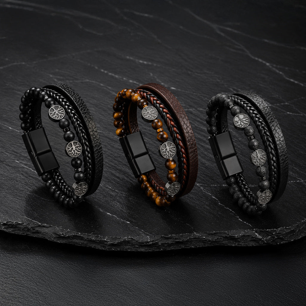Tree of Life - Lederarmband für Herren gravierbar mit Lebensbaum und Naturstein-Perlen | Edelstahl Magnetverschluss