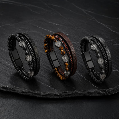 Tree of Life - Lederarmband für Herren gravierbar mit Lebensbaum und Naturstein-Perlen | Edelstahl Magnetverschluss