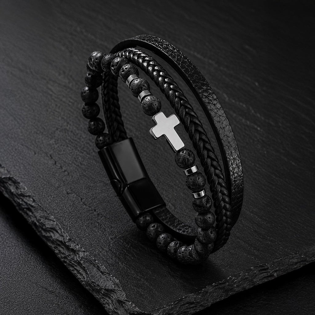 Cross Stone - Lederarmband für Herren mit Natursteinperlen und Edelstahl-Kreuz gravierbar | Edelstahl Magnetverschluss