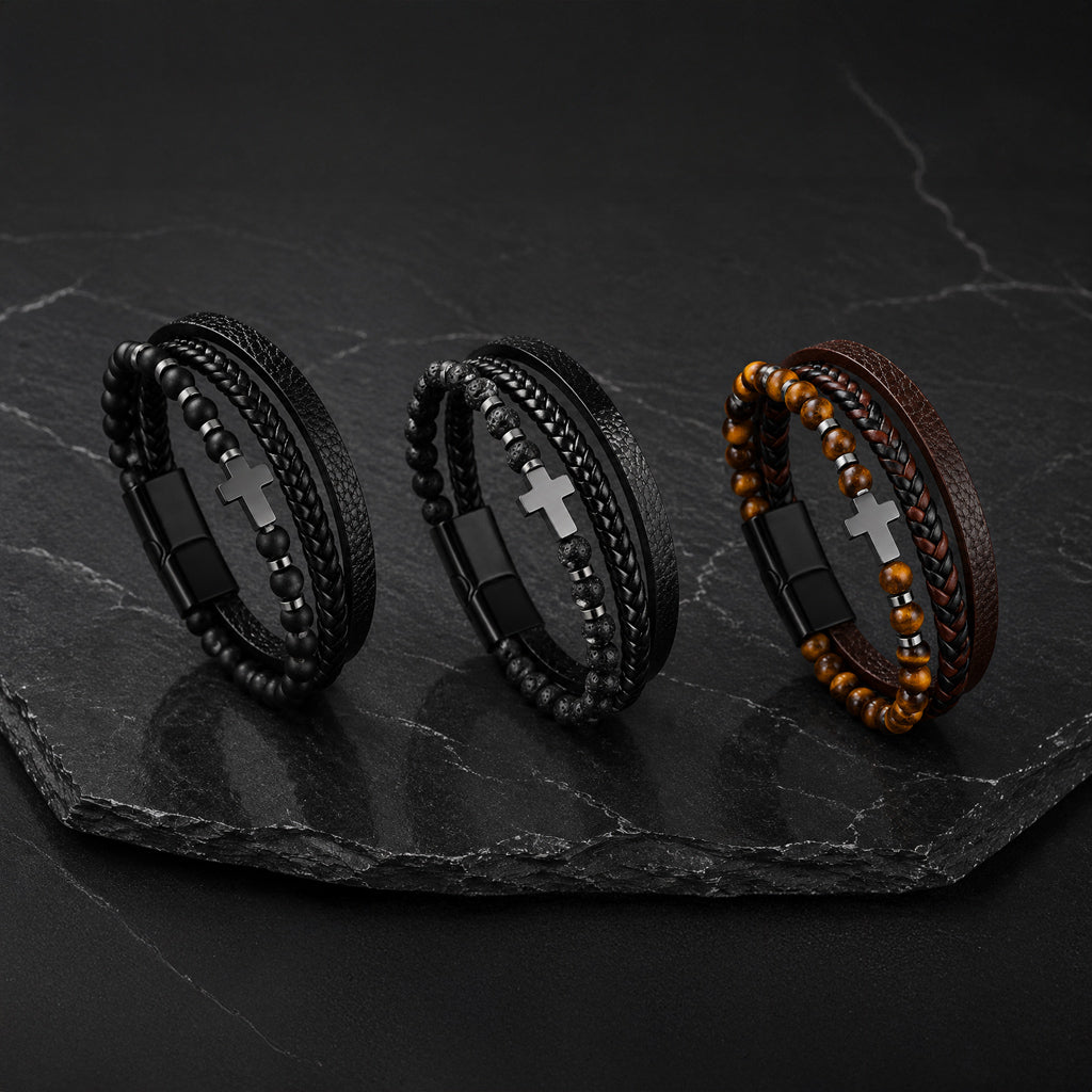 Cross Stone - Lederarmband für Herren mit Natursteinperlen und Edelstahl-Kreuz gravierbar | Edelstahl Magnetverschluss