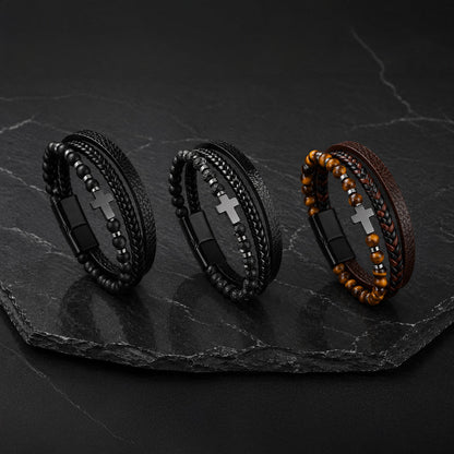 Cross Stone - Lederarmband für Herren mit Natursteinperlen und Edelstahl-Kreuz gravierbar | Edelstahl Magnetverschluss