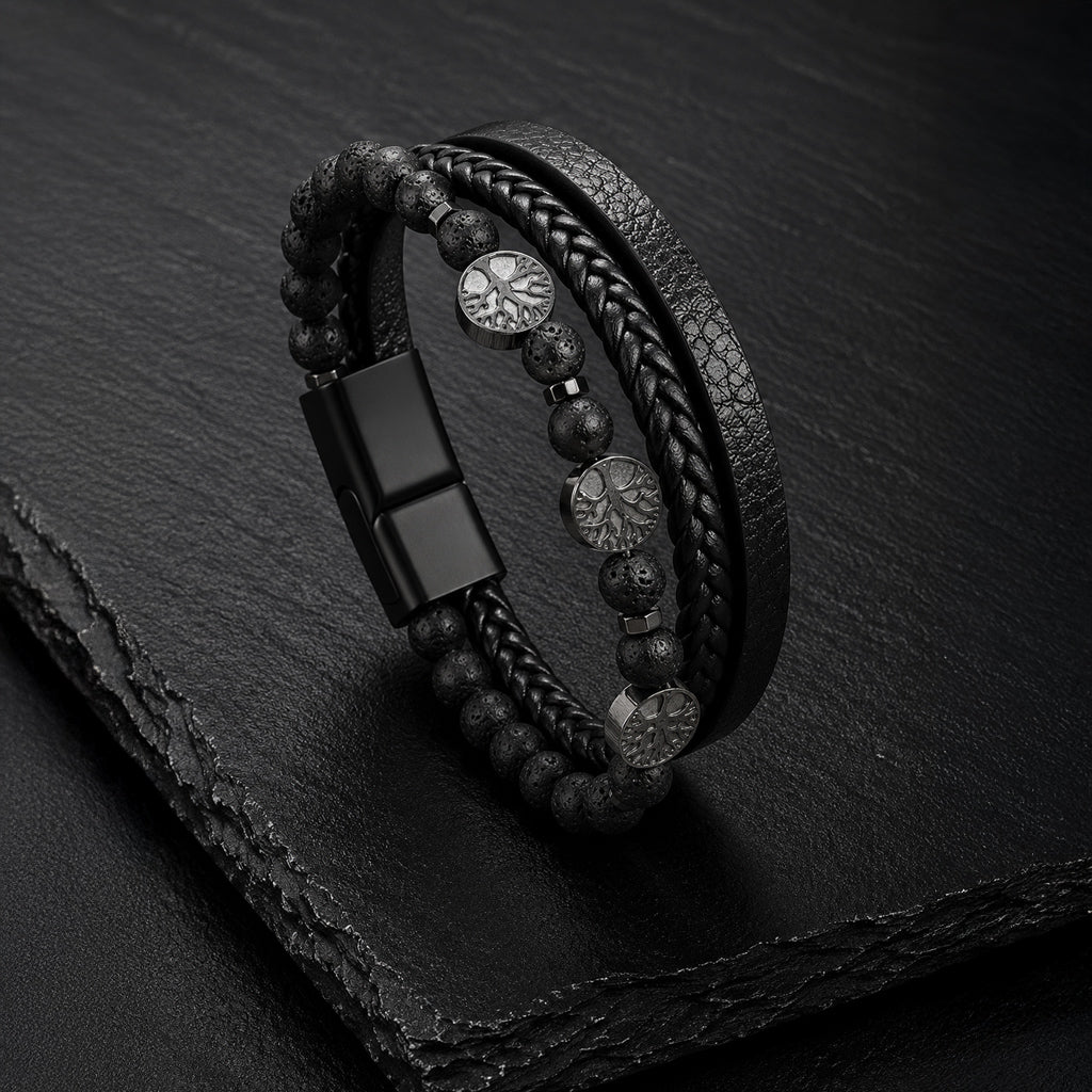 Tree of Life - Lederarmband für Herren gravierbar mit Lebensbaum und Naturstein-Perlen | Edelstahl Magnetverschluss