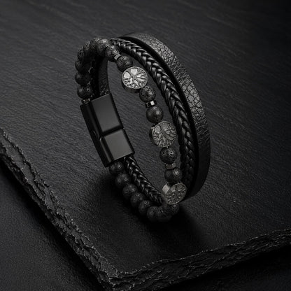 Tree of Life - Lederarmband für Herren gravierbar mit Lebensbaum und Naturstein-Perlen | Edelstahl Magnetverschluss