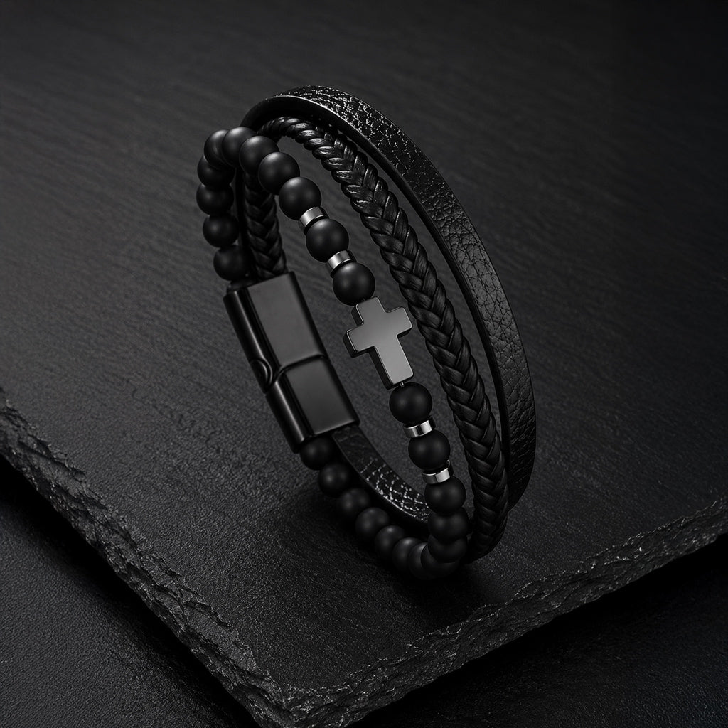 Cross Stone - Lederarmband für Herren mit Natursteinperlen und Edelstahl-Kreuz gravierbar | Edelstahl Magnetverschluss