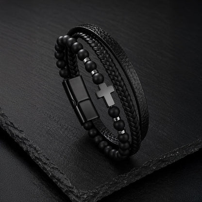 Cross Stone - Lederarmband für Herren mit Natursteinperlen und Edelstahl-Kreuz gravierbar | Edelstahl Magnetverschluss