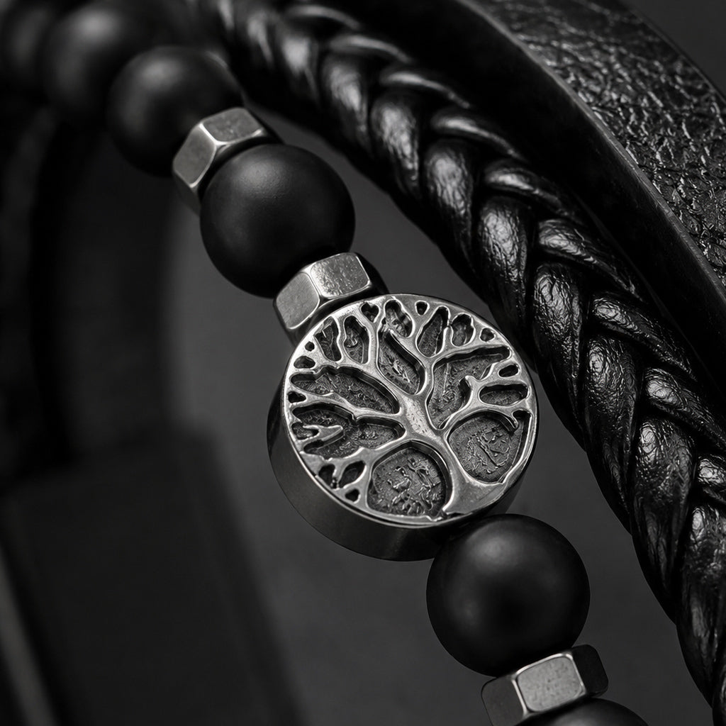 Tree of Life - Lederarmband für Herren gravierbar mit Lebensbaum und Naturstein-Perlen | Edelstahl Magnetverschluss