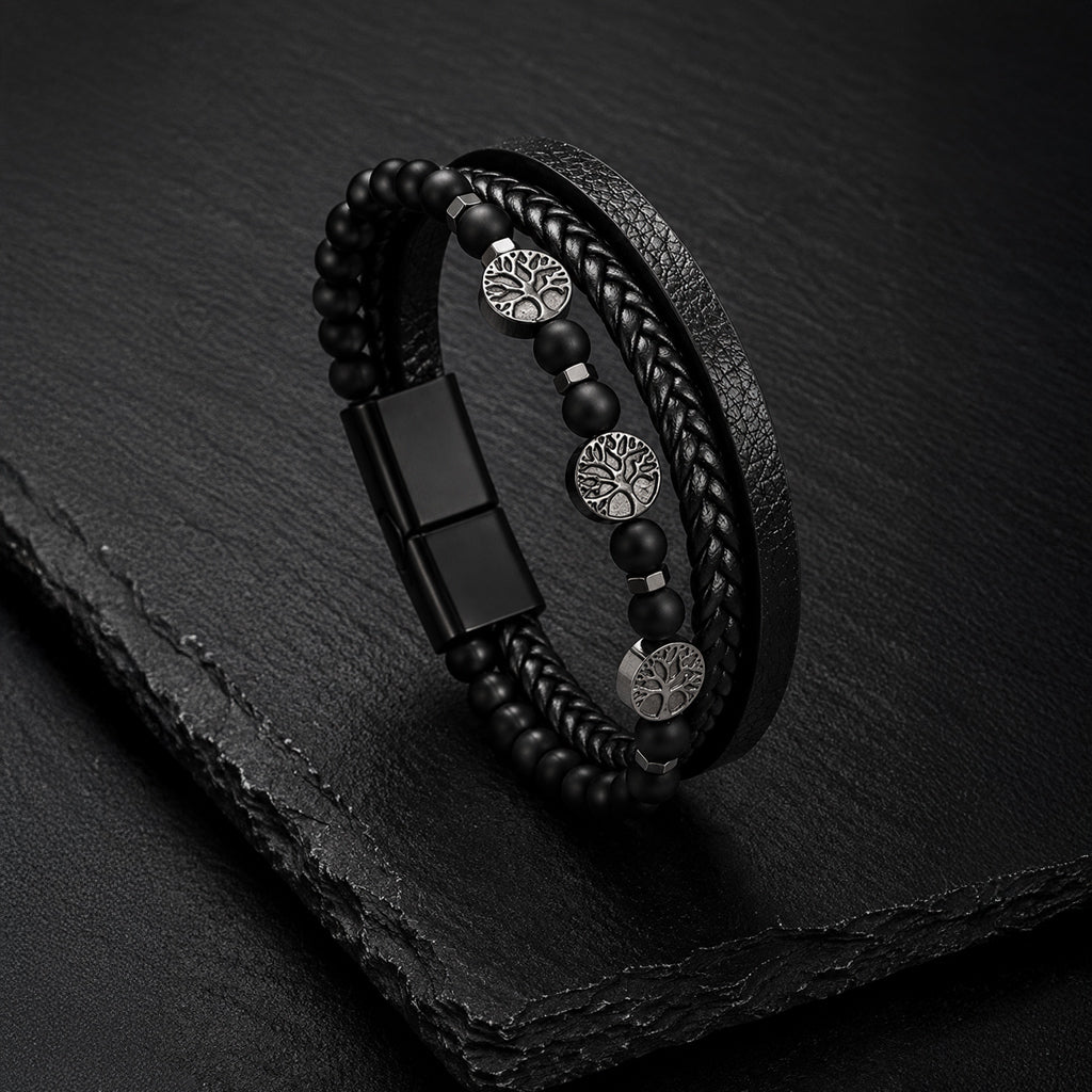 Tree of Life - Lederarmband für Herren gravierbar mit Lebensbaum und Naturstein-Perlen | Edelstahl Magnetverschluss