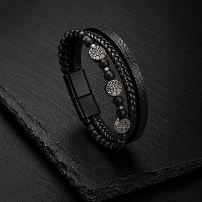 Tree of Life - Lederarmband für Herren gravierbar mit Lebensbaum und Naturstein-Perlen | Edelstahl Magnetverschluss